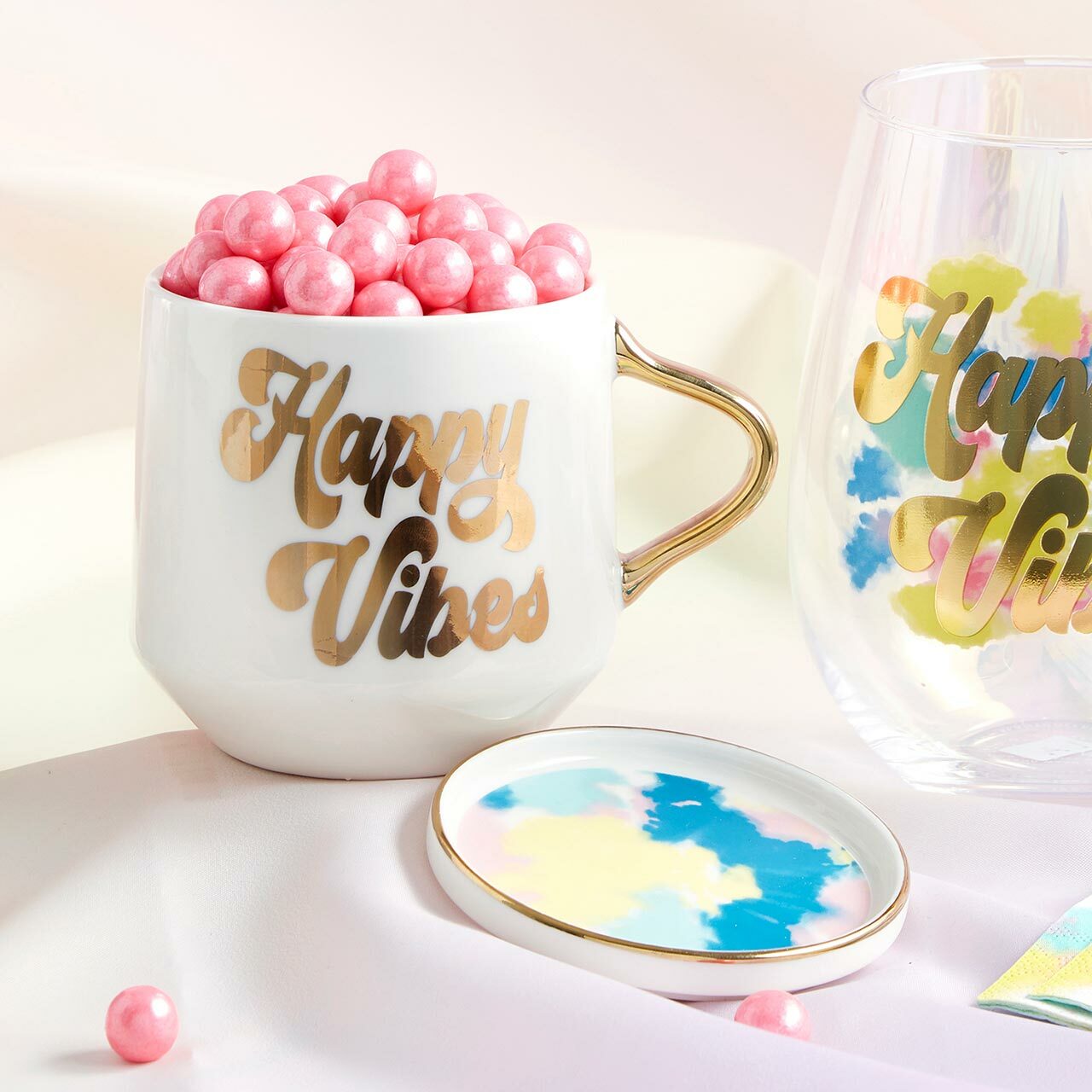 Happy Vibes Mug & Coaster Lid in Groovy Tie-Dye - Fortunate Lemon Shop