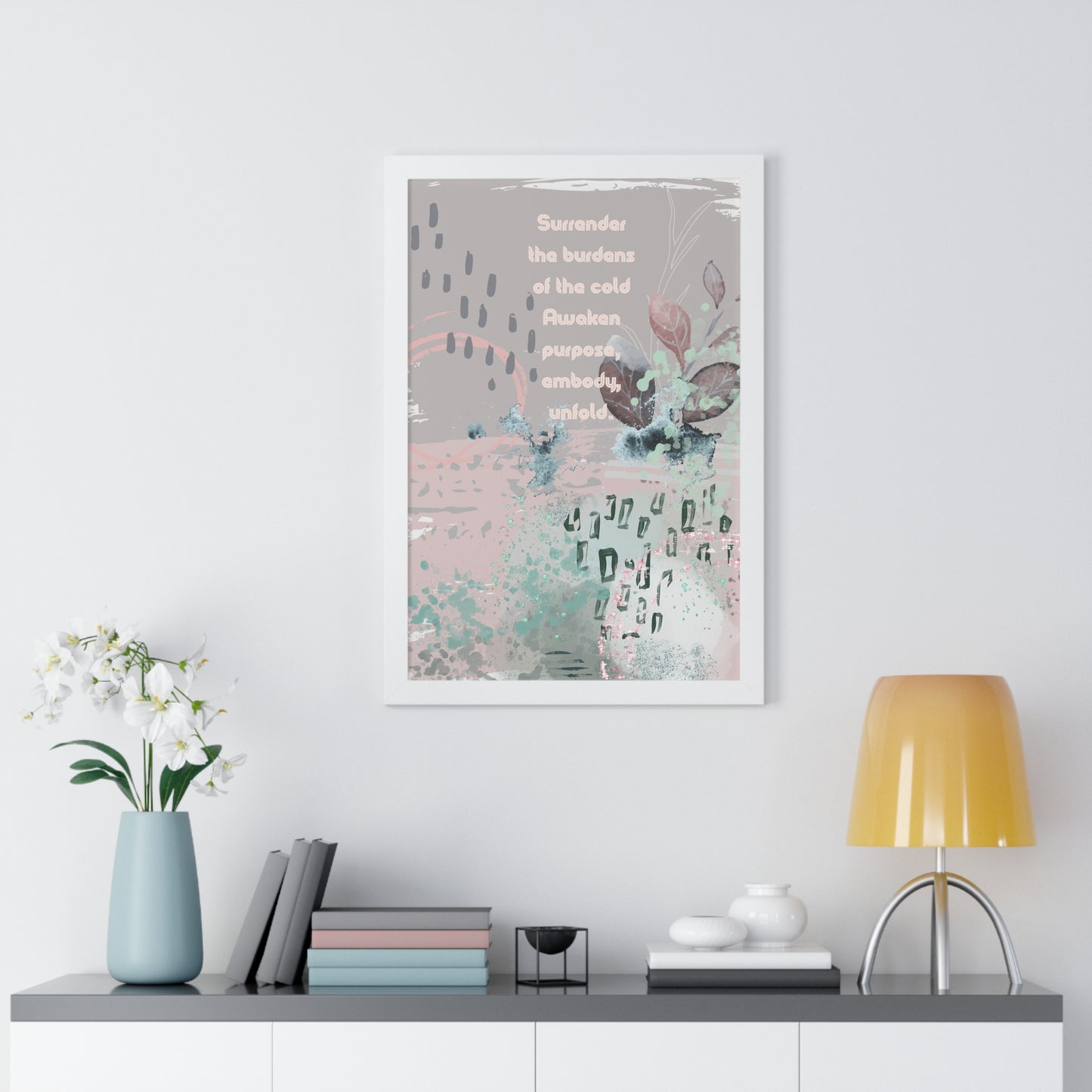 Framed Vertical Poster — Abstract Botanical Art with Inspirational Quote