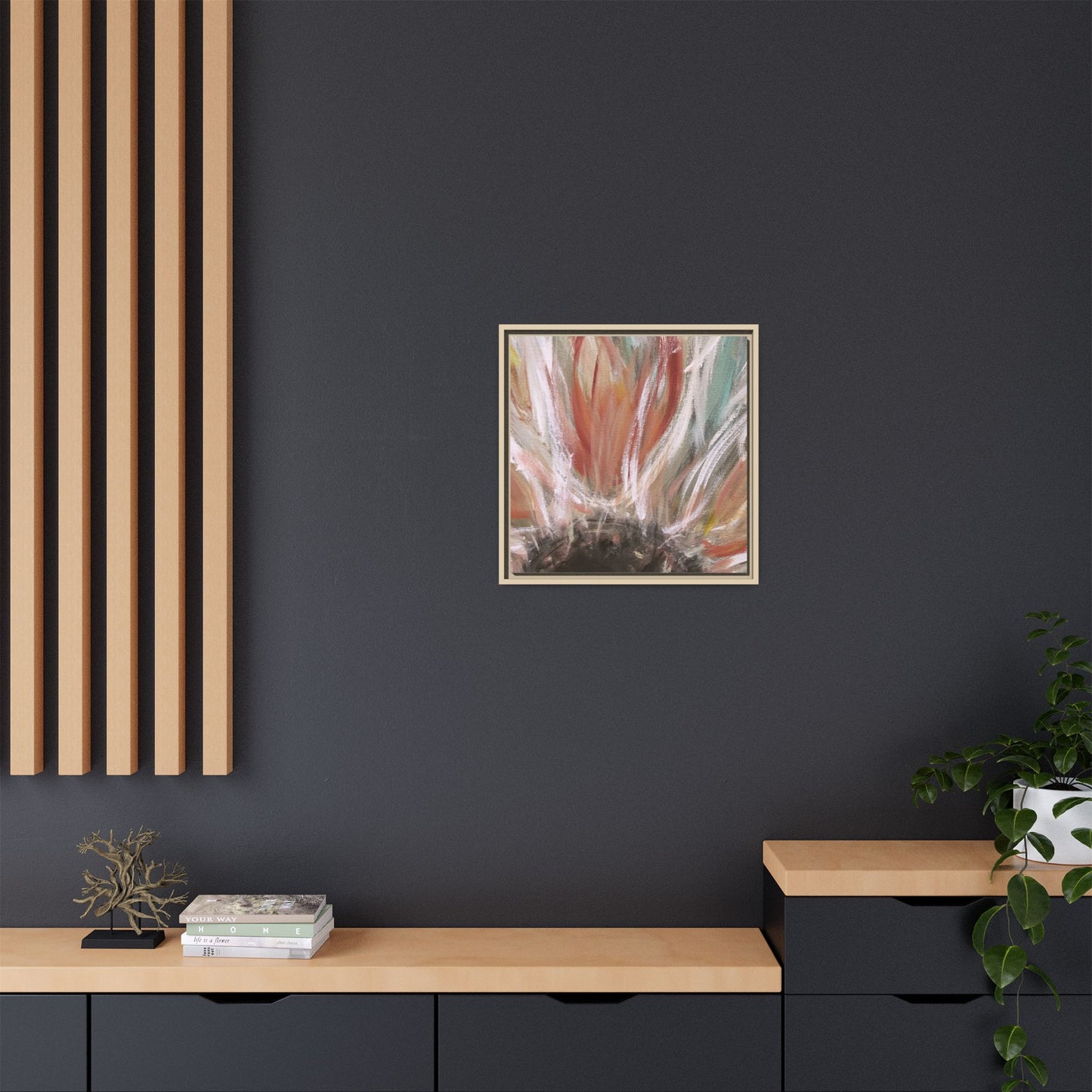 Framed Abstract Flower Canvas Print — Soft Coral & Teal Wall Art - Fortunate Lemon Shop