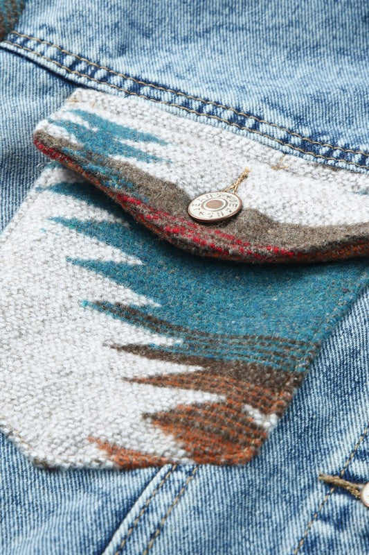 Geometric Print Frayed Hem Denim Jacket - Fortunate Lemon Shop