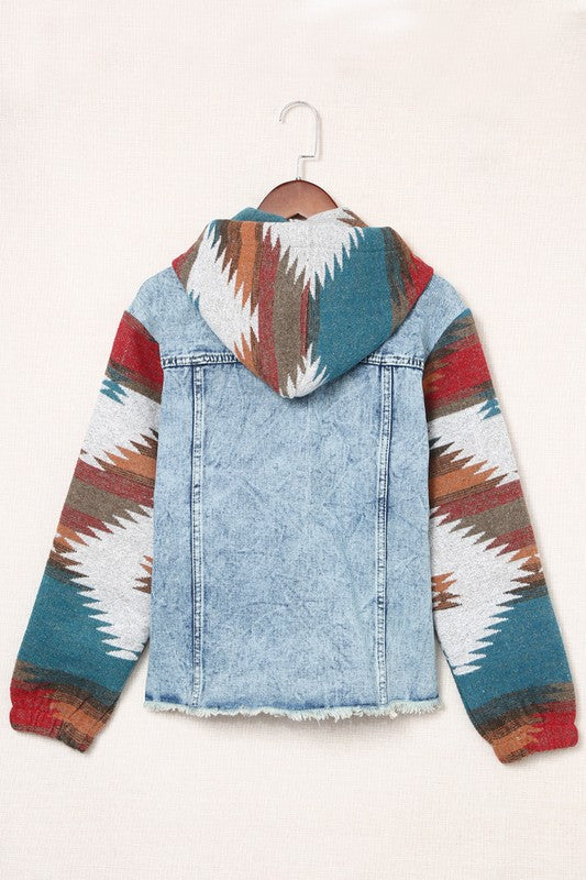 Geometric Print Frayed Hem Denim Jacket - Fortunate Lemon Shop
