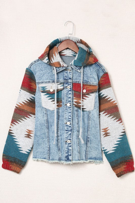 Geometric Print Frayed Hem Denim Jacket - Fortunate Lemon Shop