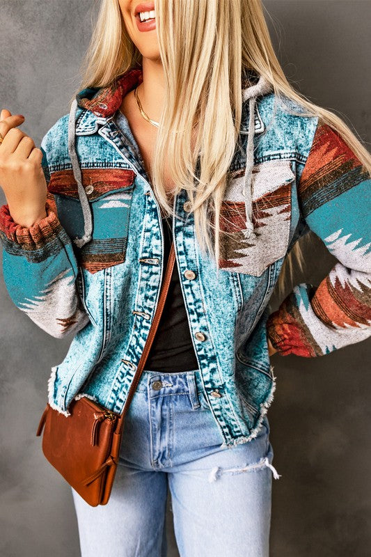 Geometric Print Frayed Hem Denim Jacket - Fortunate Lemon Shop