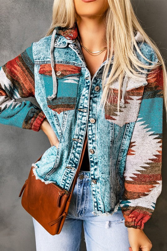 Geometric Print Frayed Hem Denim Jacket - Fortunate Lemon Shop