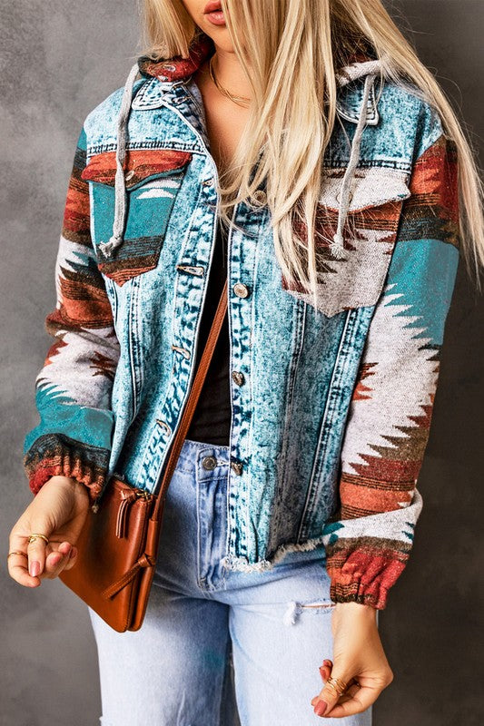 Geometric Print Frayed Hem Denim Jacket - Fortunate Lemon Shop