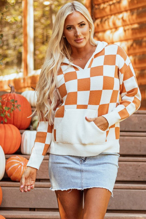 Lila Checkered Kangaroo Pocket Hooded Sweater - Fortunate Lemon Shop