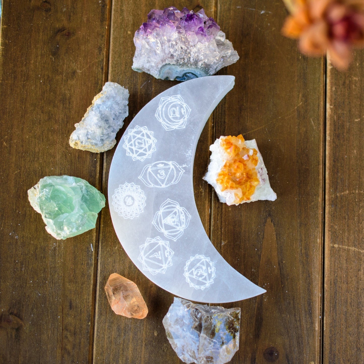 7 Chakras Engraved Crescent Moon Selenite Plate - Fortunate Lemon Shop