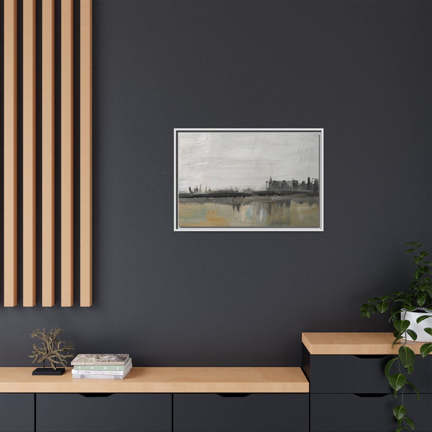 Urban Reflection Framed Canvas Print — Neutral Cityscape Wall Art