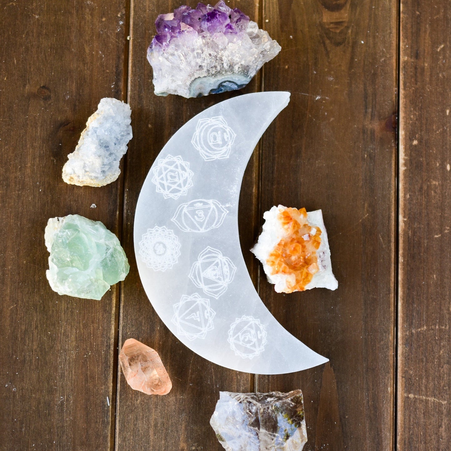 7 Chakras Engraved Crescent Moon Selenite Plate - Fortunate Lemon Shop