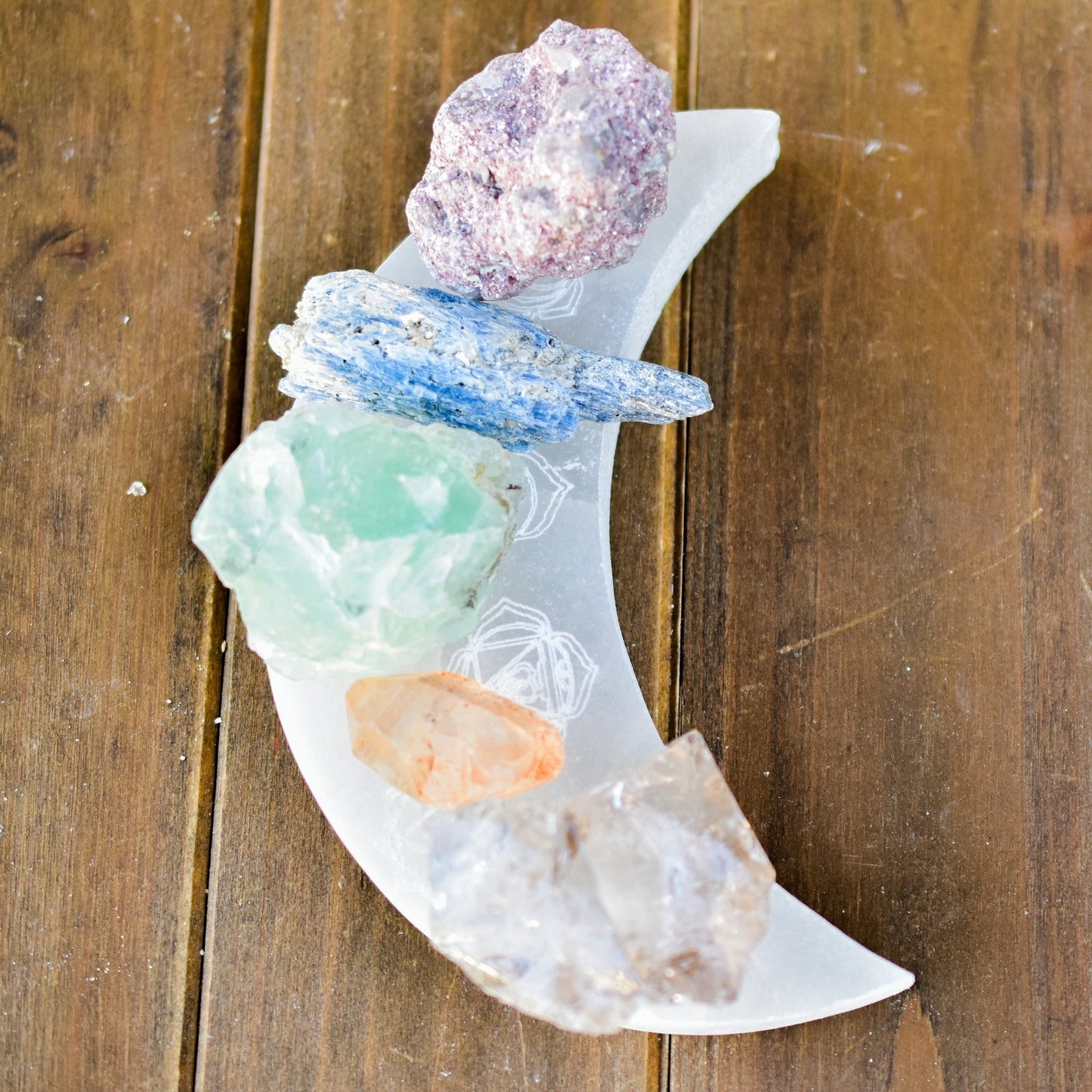 7 Chakras Engraved Crescent Moon Selenite Plate - Fortunate Lemon Shop