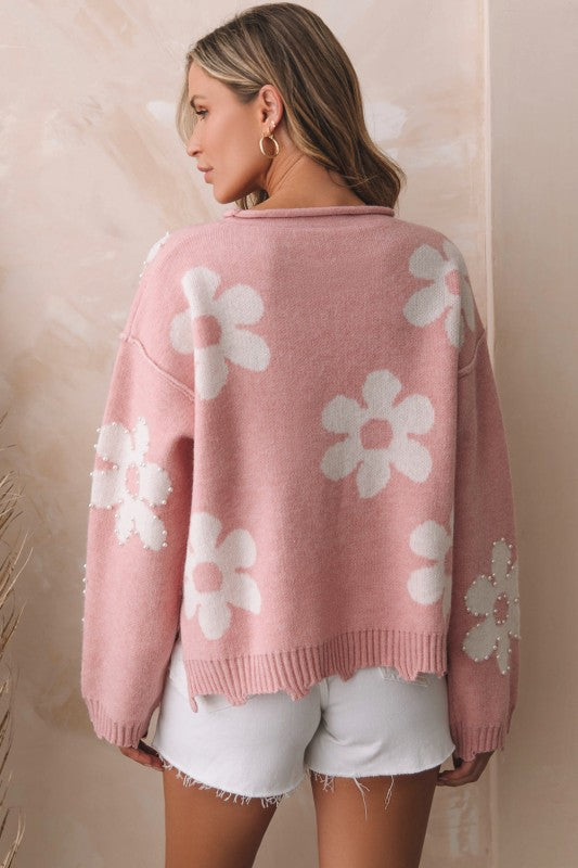 Jaycee Pearl Beaded Floral Drop Shoulder Sweater - Fortunate Lemon Shop