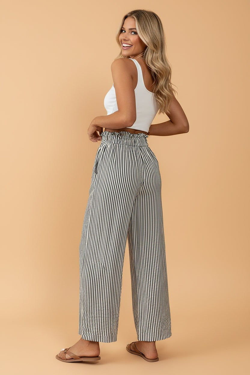 Stripe Tied High Waist Straight Leg Pants - Fortunate Lemon Shop