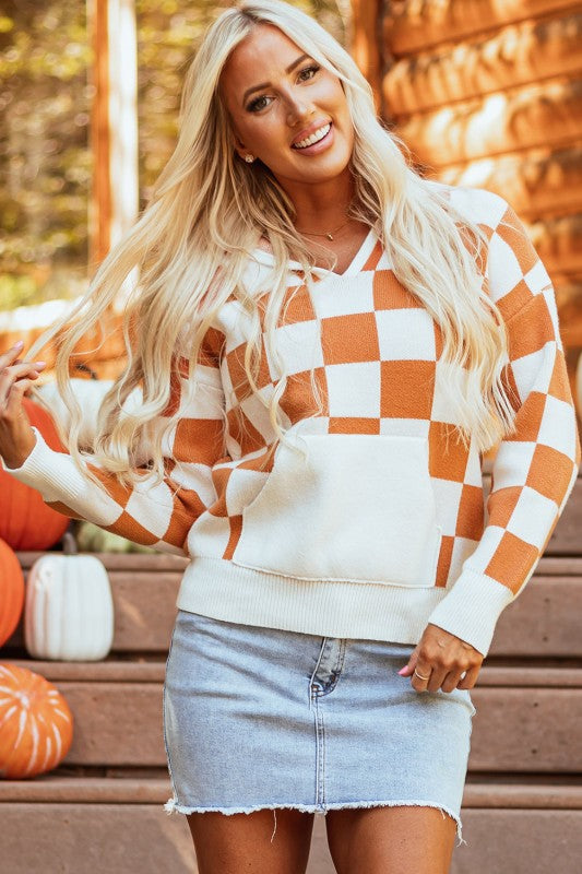 Lila Checkered Kangaroo Pocket Hooded Sweater - Fortunate Lemon Shop