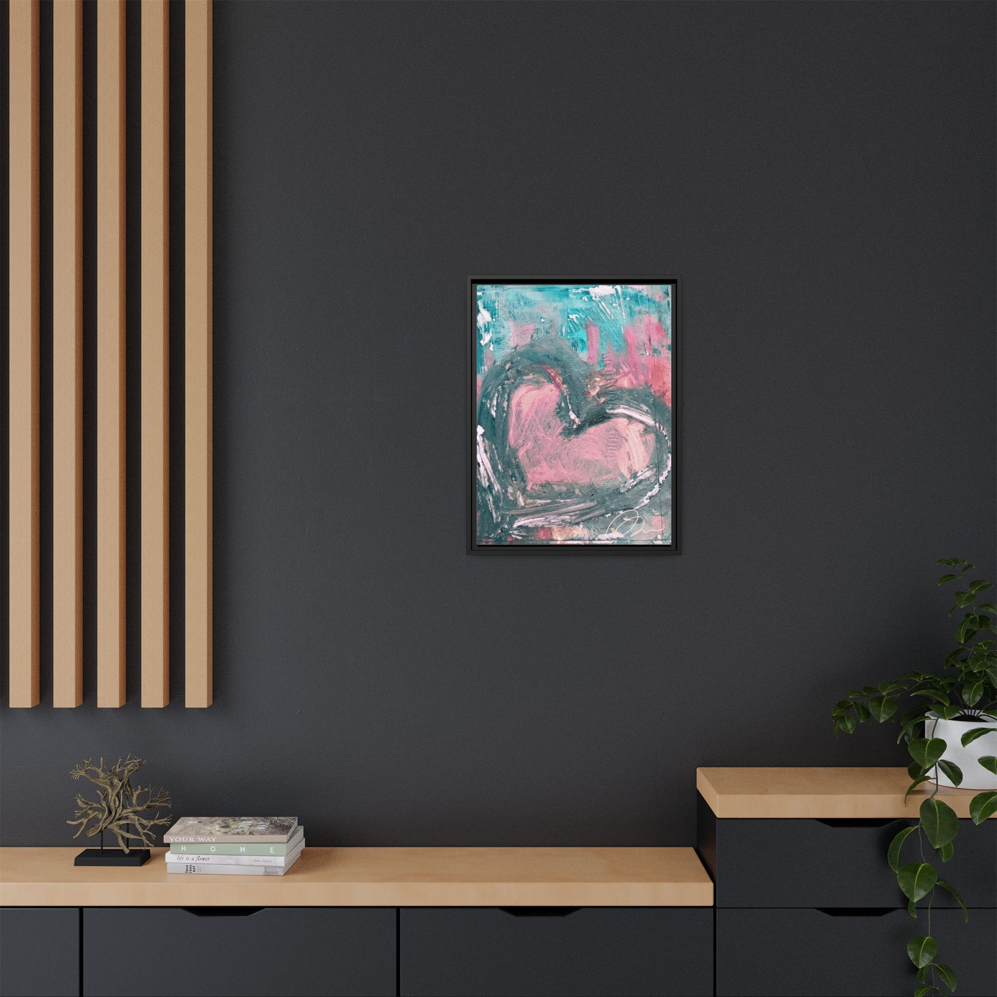 Abstract Pink Heart Framed Canvas Art – Romantic Multi-Color Wall Decor - Fortunate Lemon Shop