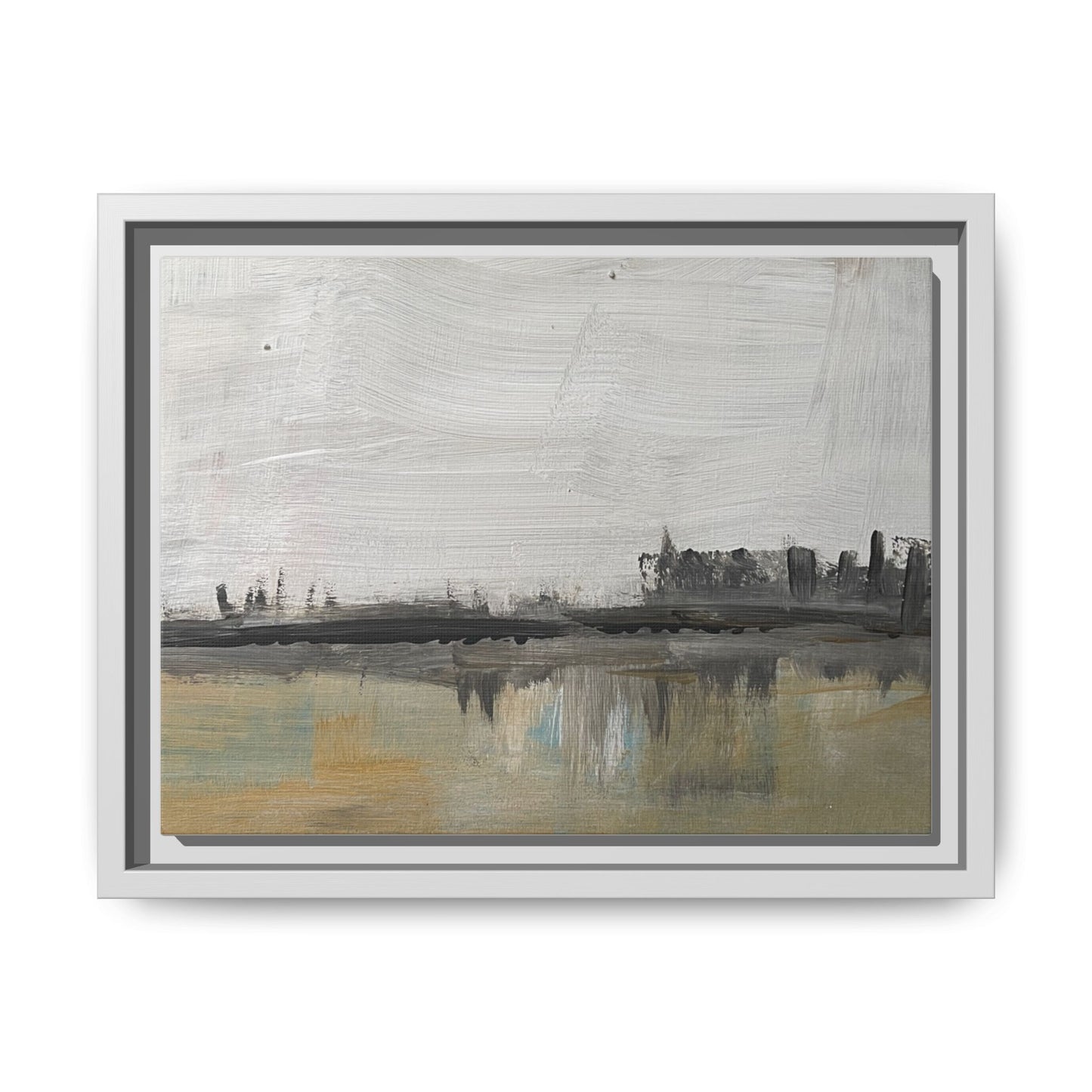 Urban Reflection Framed Canvas Print — Neutral Cityscape Wall Art