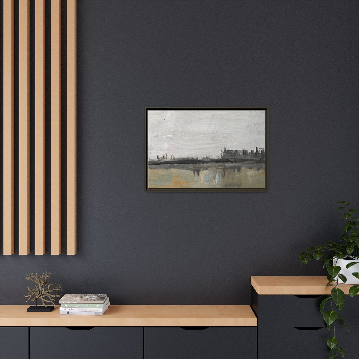 Urban Reflection Framed Canvas Print — Neutral Cityscape Wall Art