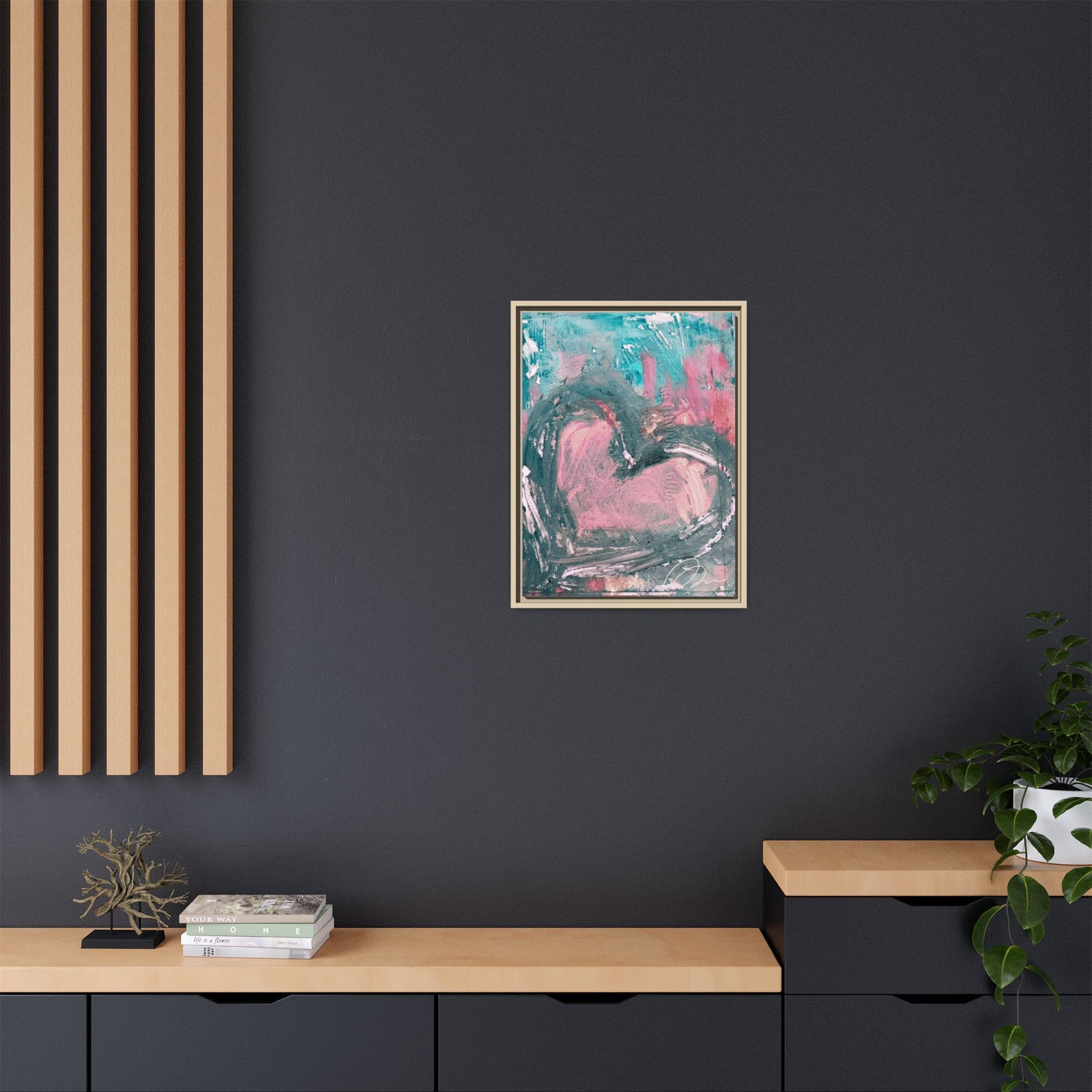 Abstract Pink Heart Framed Canvas Art – Romantic Multi-Color Wall Decor - Fortunate Lemon Shop