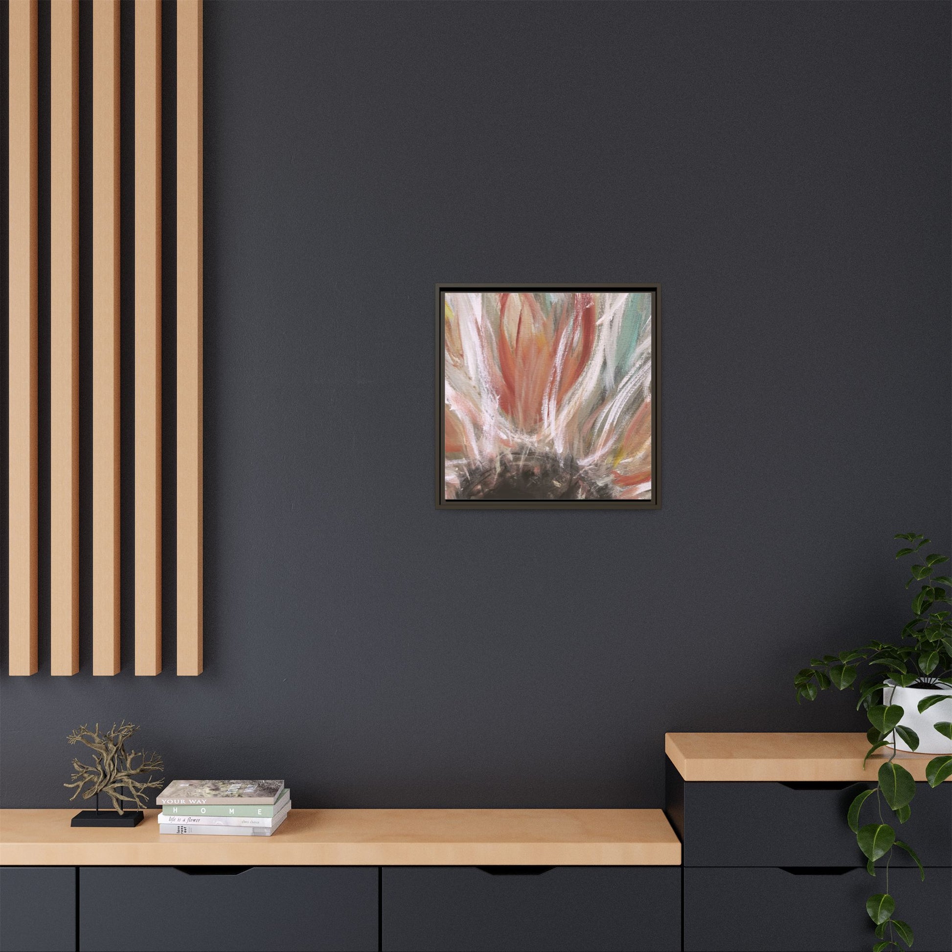 Framed Abstract Flower Canvas Print — Soft Coral & Teal Wall Art - Fortunate Lemon Shop
