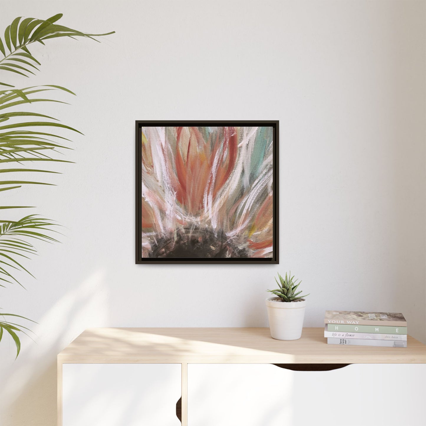Framed Abstract Flower Canvas Print — Soft Coral & Teal Wall Art - Fortunate Lemon Shop