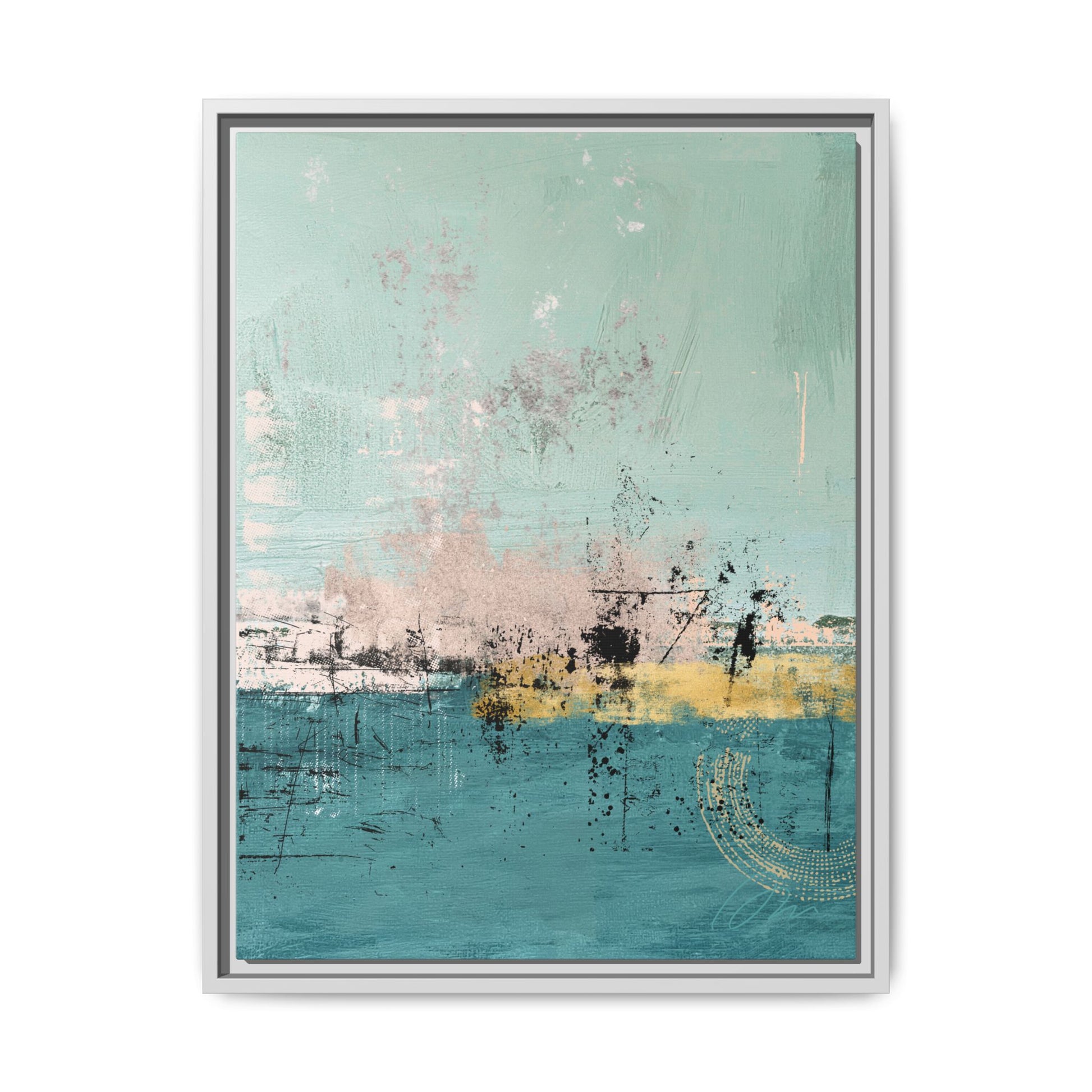 Abstract Coastal Matte Canvas Framed Art - Teal, Coral & Gold Modern Wall Decor - Fortunate Lemon Shop