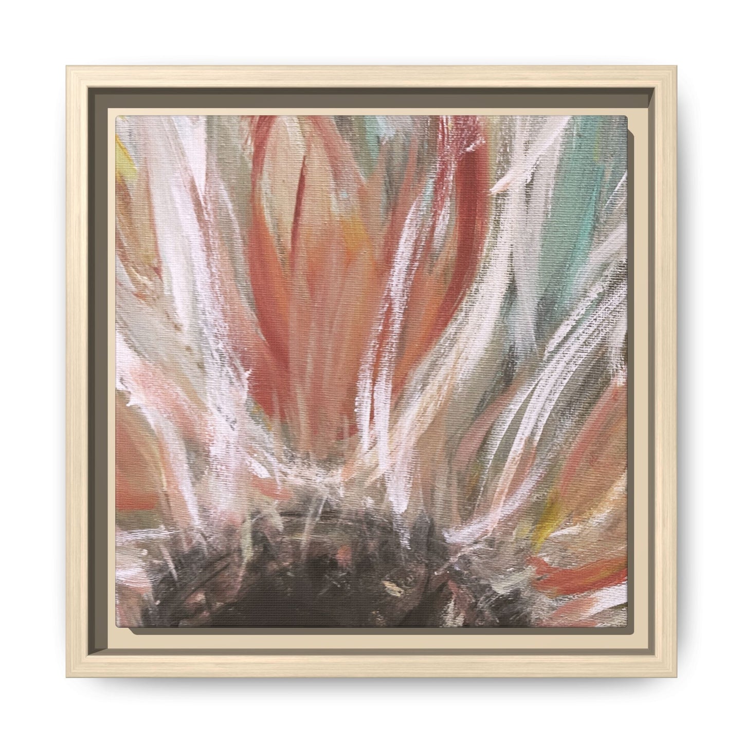 Framed Abstract Flower Canvas Print — Soft Coral & Teal Wall Art - Fortunate Lemon Shop