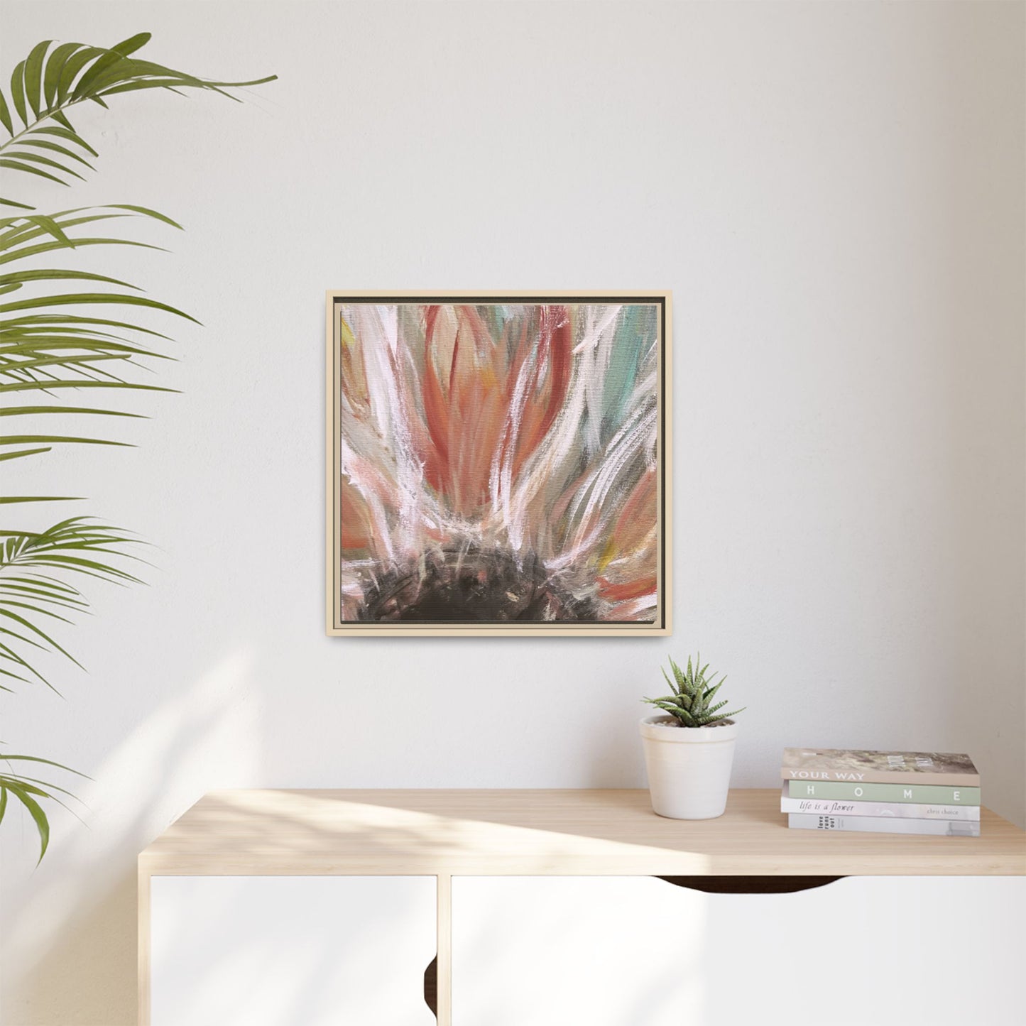 Framed Abstract Flower Canvas Print — Soft Coral & Teal Wall Art - Fortunate Lemon Shop