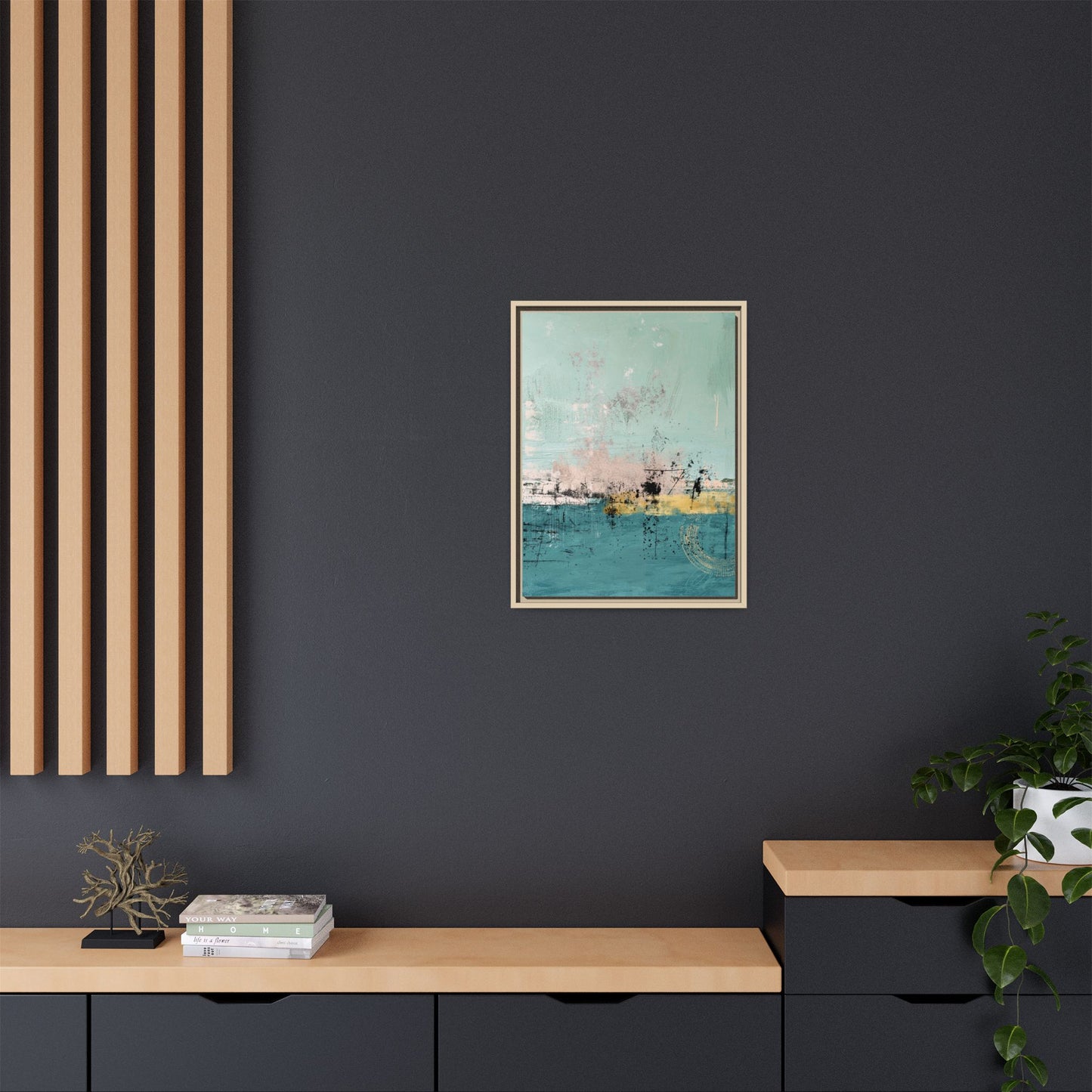 Abstract Coastal Matte Canvas Framed Art - Teal, Coral & Gold Modern Wall Decor - Fortunate Lemon Shop
