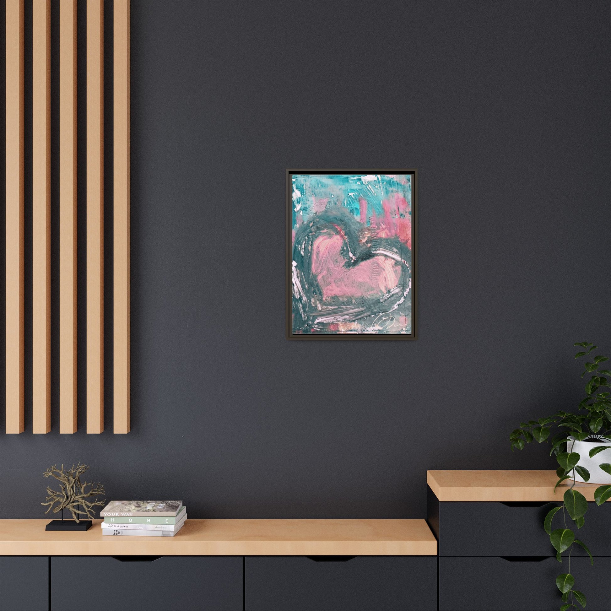 Abstract Pink Heart Framed Canvas Art – Romantic Multi-Color Wall Decor - Fortunate Lemon Shop