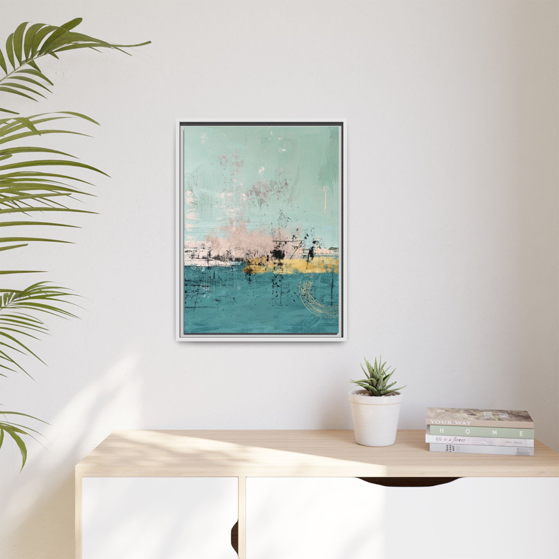 Abstract Coastal Matte Canvas Framed Art - Teal, Coral & Gold Modern Wall Decor - Fortunate Lemon Shop