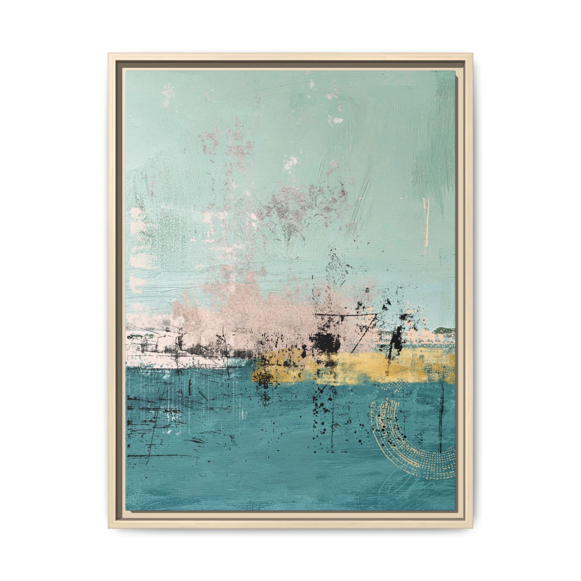 Abstract Coastal Matte Canvas Framed Art - Teal, Coral & Gold Modern Wall Decor - Fortunate Lemon Shop