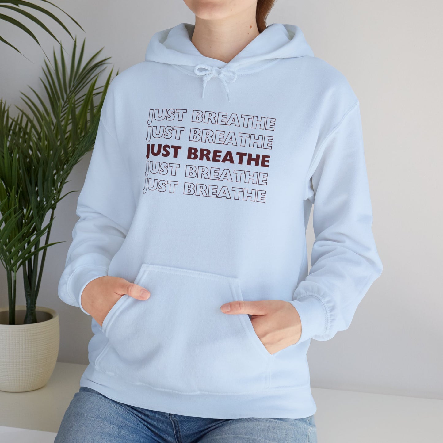 Just Breathe Hoodie – Minimal Motivational Pullover with ‘Just Breathe’ Text & Script Back Logo - Fortunate Lemon Shop