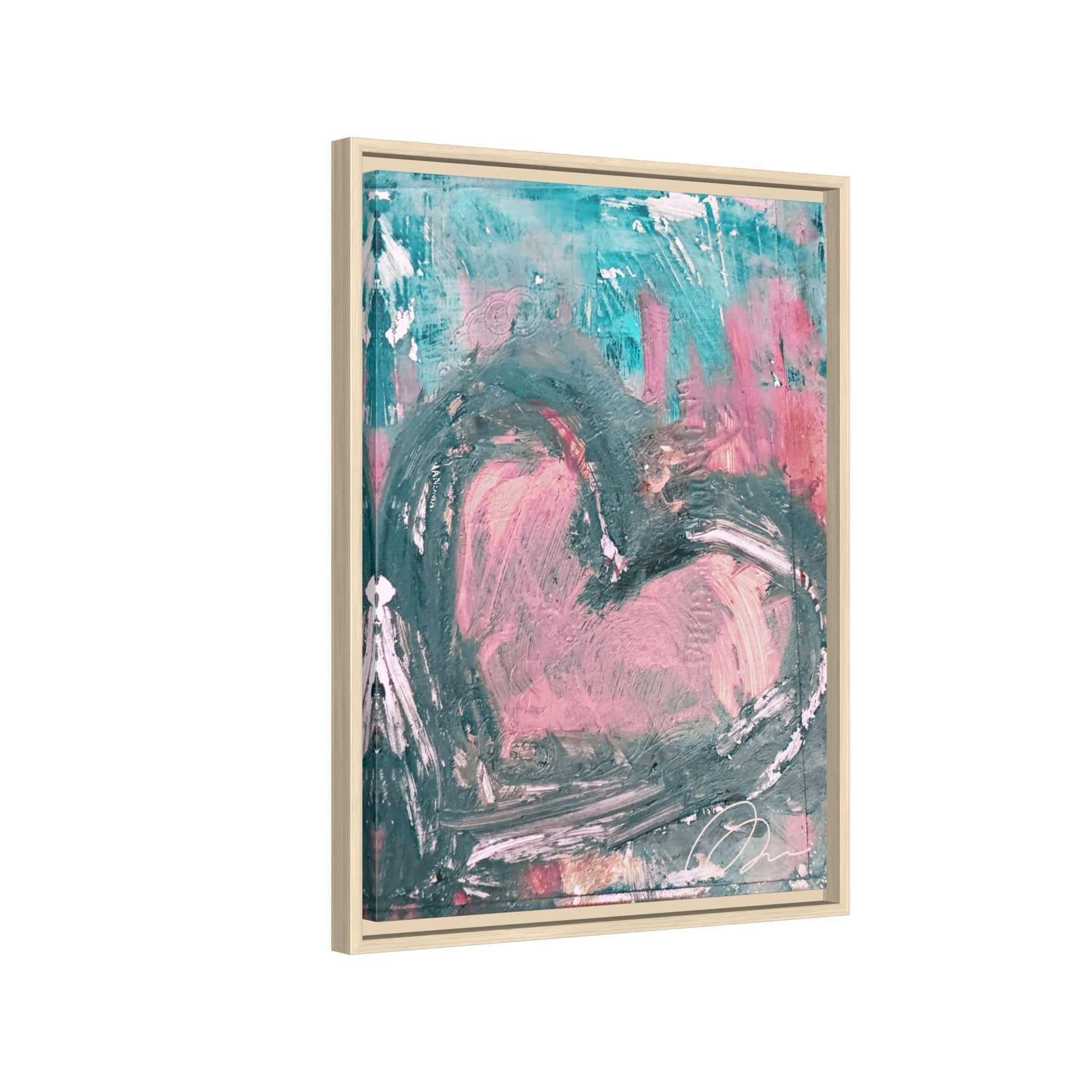 Abstract Pink Heart Framed Canvas Art – Romantic Multi-Color Wall Decor - Fortunate Lemon Shop