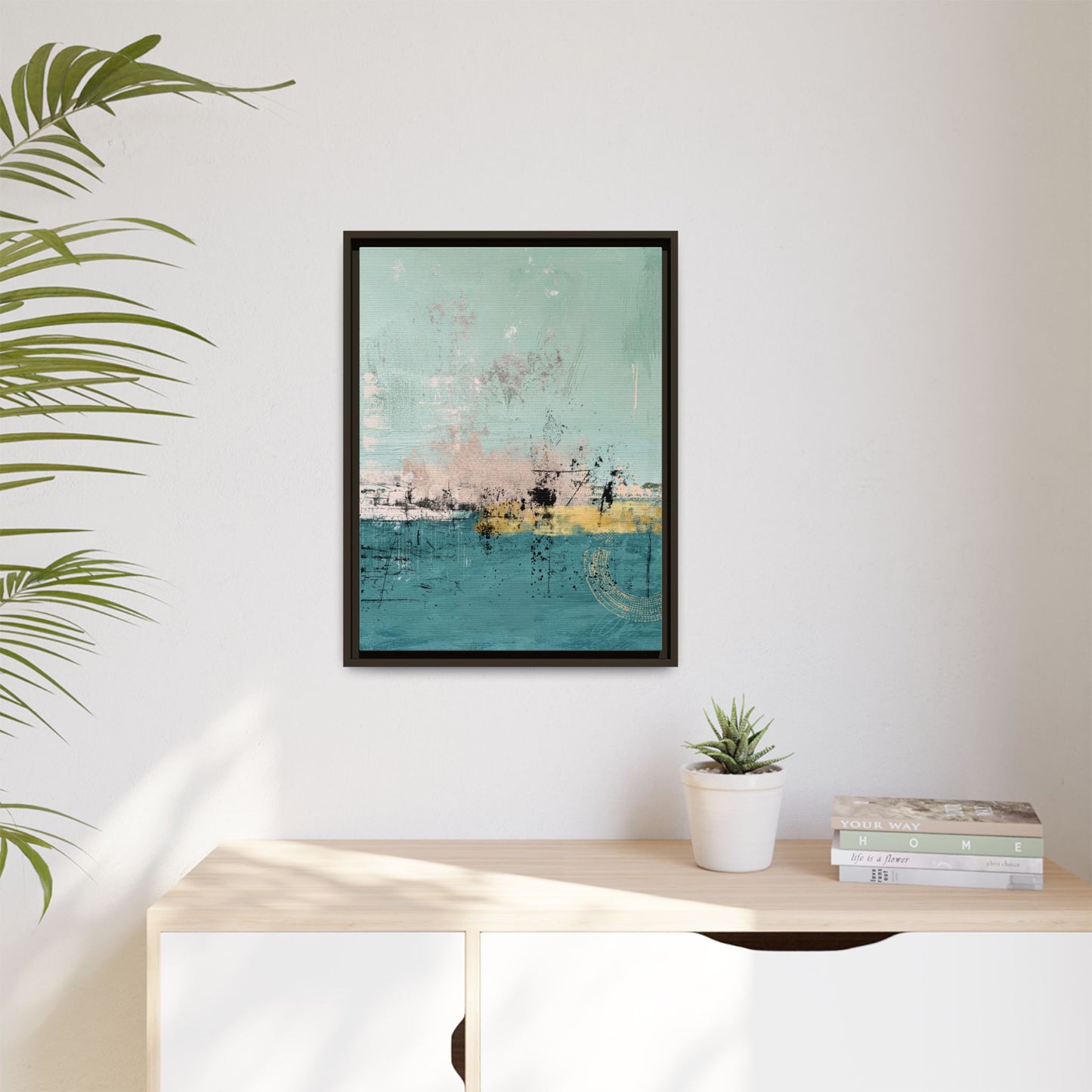 Abstract Coastal Matte Canvas Framed Art - Teal, Coral & Gold Modern Wall Decor - Fortunate Lemon Shop