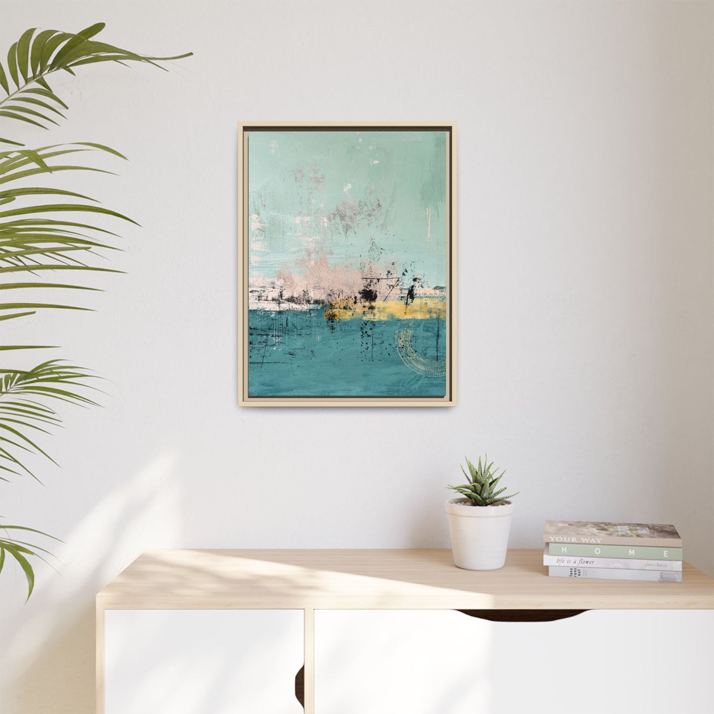 Abstract Coastal Matte Canvas Framed Art - Teal, Coral & Gold Modern Wall Decor - Fortunate Lemon Shop