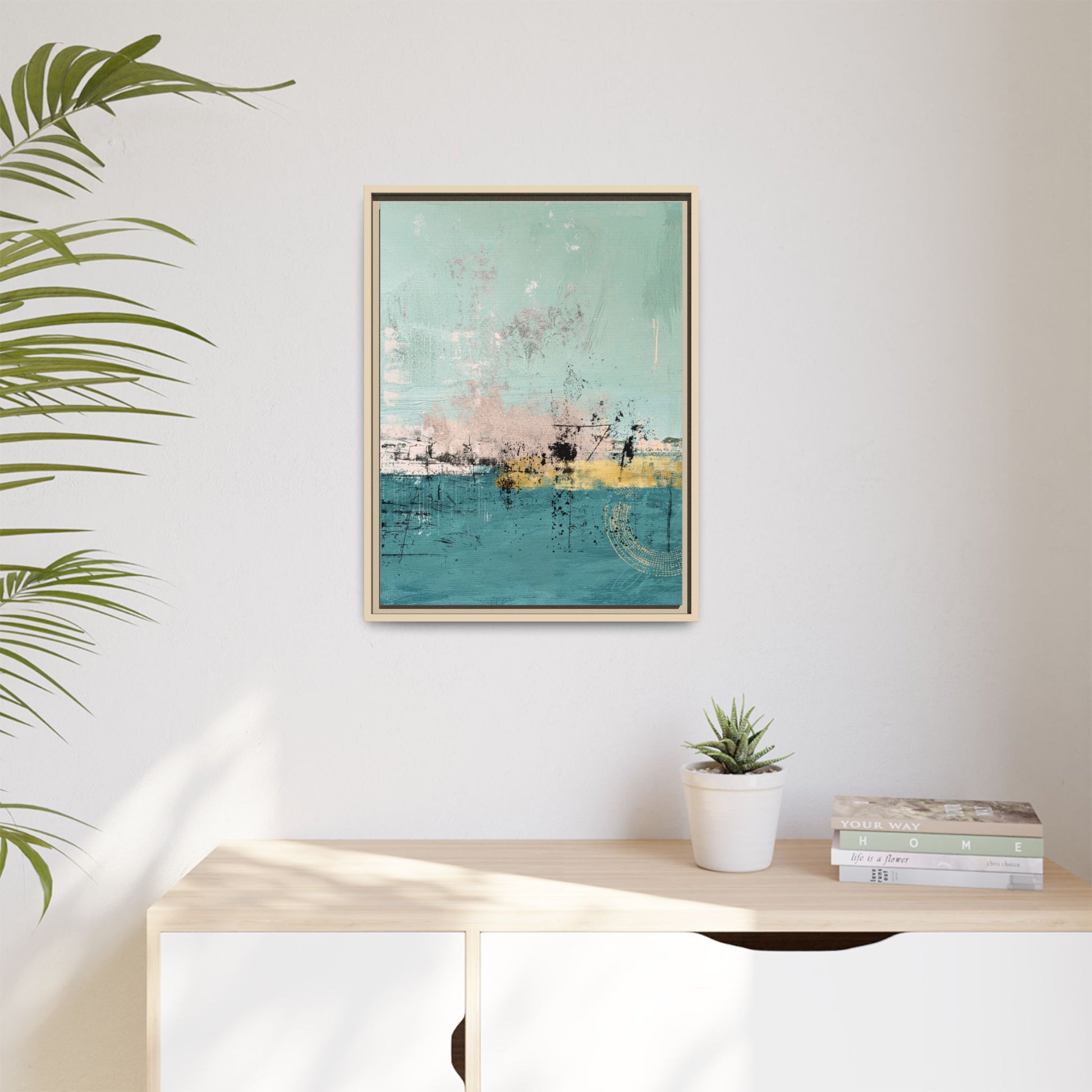 Abstract Coastal Matte Canvas Framed Art - Teal, Coral & Gold Modern Wall Decor - Fortunate Lemon Shop