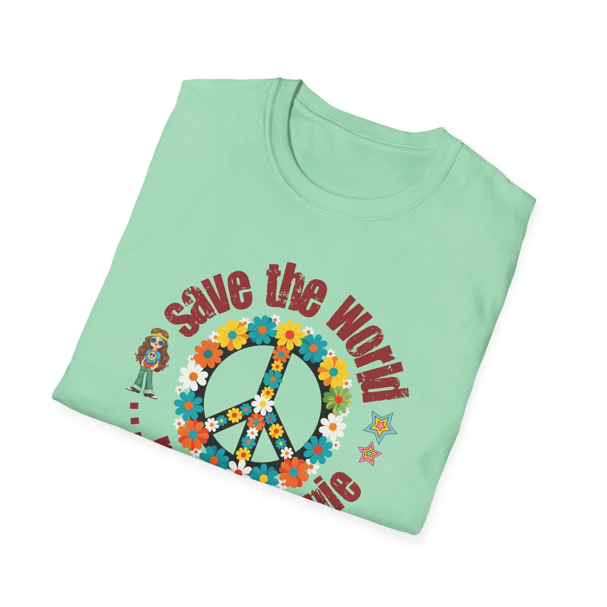 Vintage T-Shirt – "Save the World, Raise a Hippie" Peace Sign Floral Design - Fortunate Lemon Shop