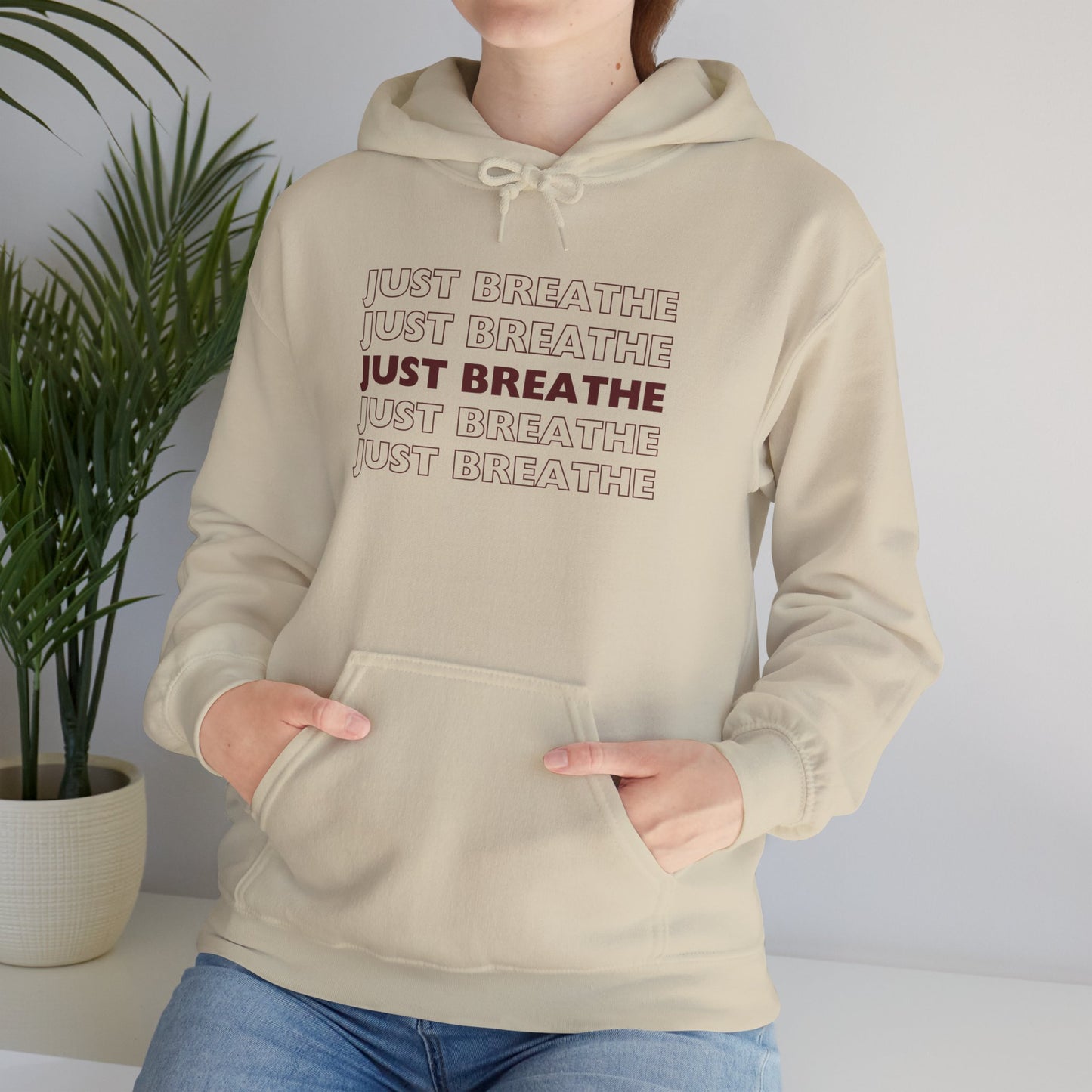Just Breathe Hoodie – Minimal Motivational Pullover with ‘Just Breathe’ Text & Script Back Logo - Fortunate Lemon Shop