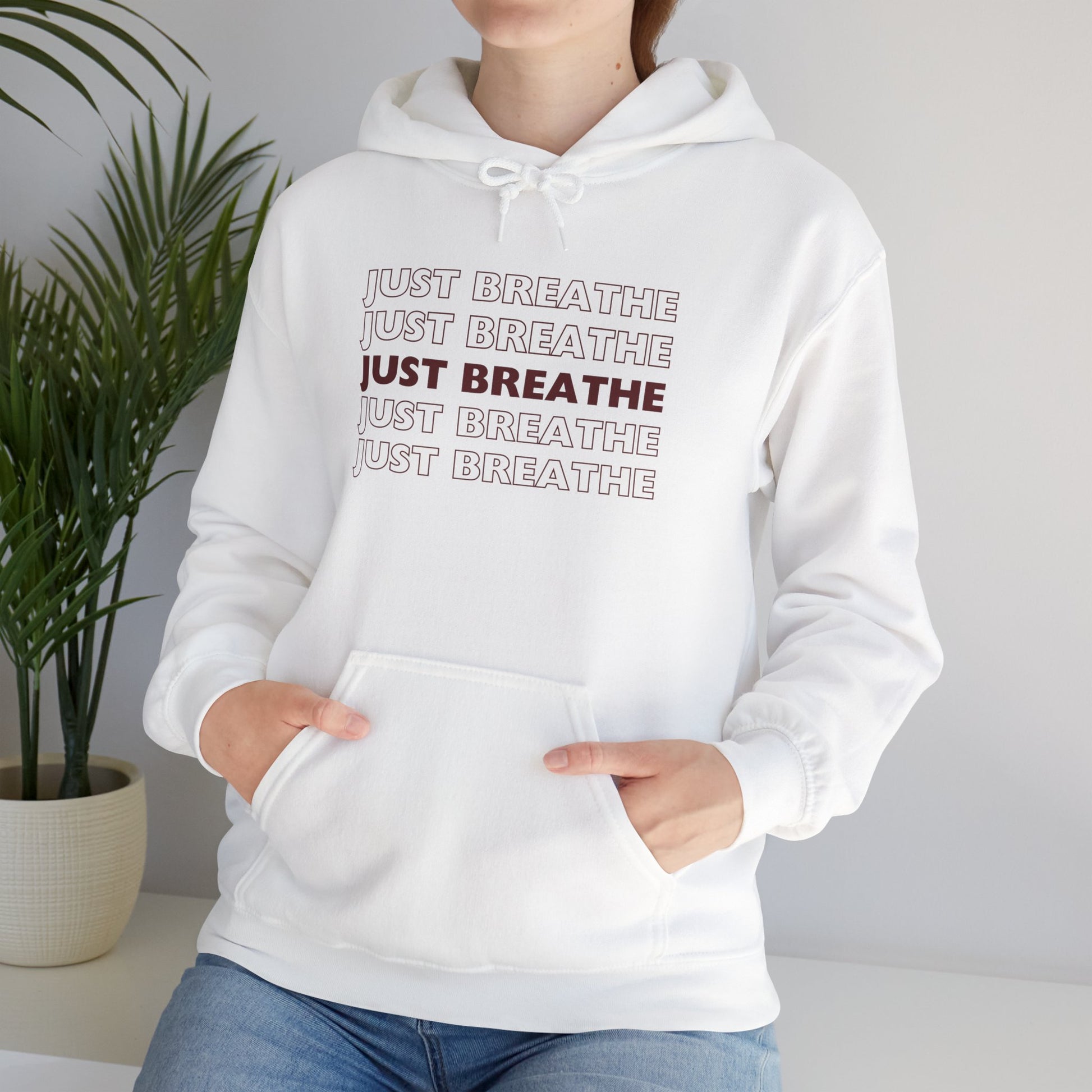 Just Breathe Hoodie – Minimal Motivational Pullover with ‘Just Breathe’ Text & Script Back Logo - Fortunate Lemon Shop