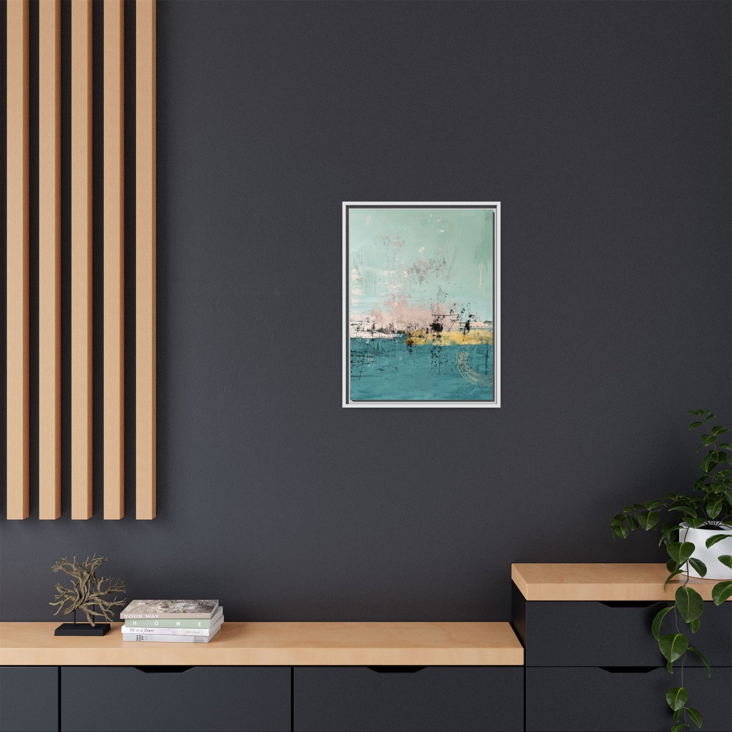 Abstract Coastal Matte Canvas Framed Art - Teal, Coral & Gold Modern Wall Decor - Fortunate Lemon Shop