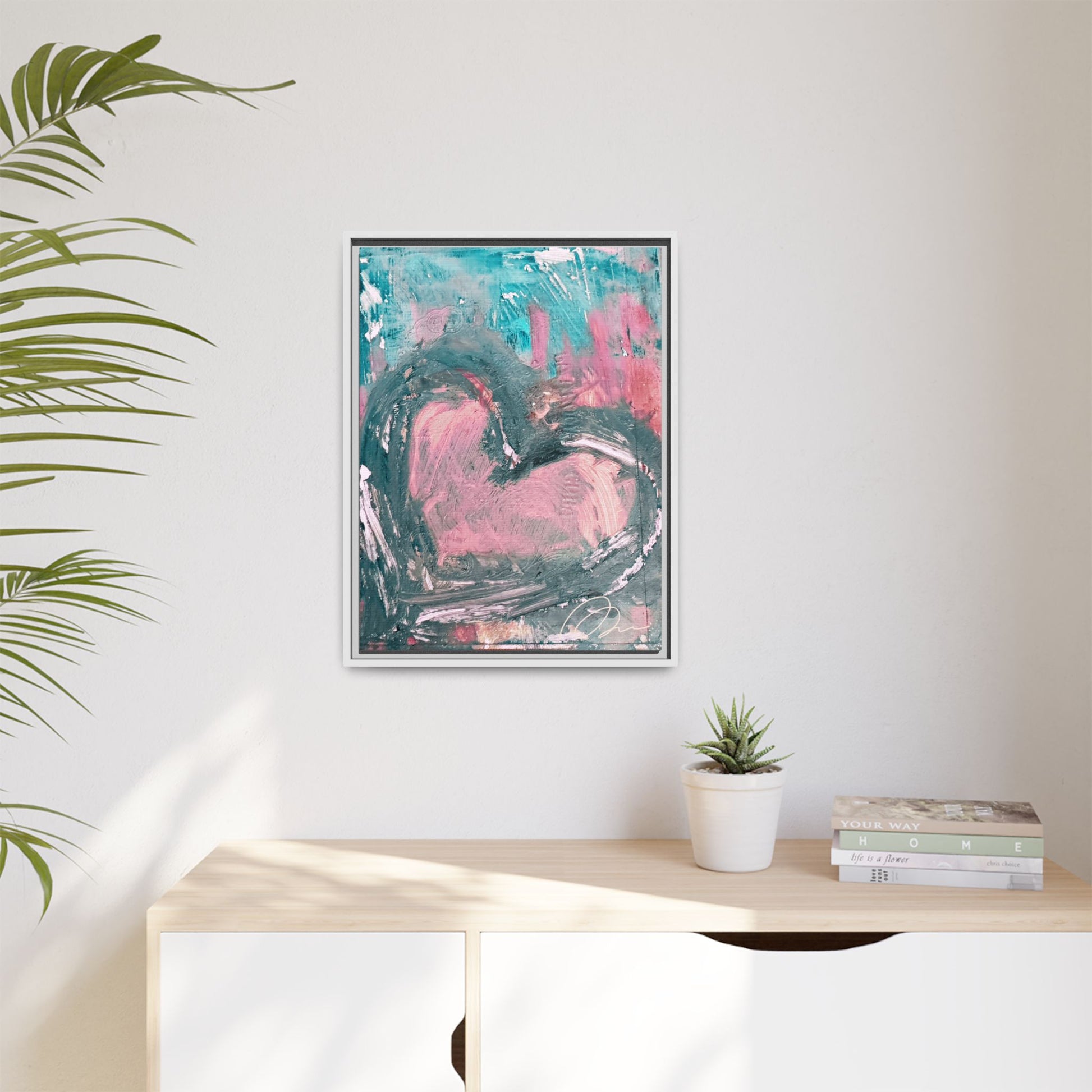 Abstract Pink Heart Framed Canvas Art – Romantic Multi-Color Wall Decor - Fortunate Lemon Shop