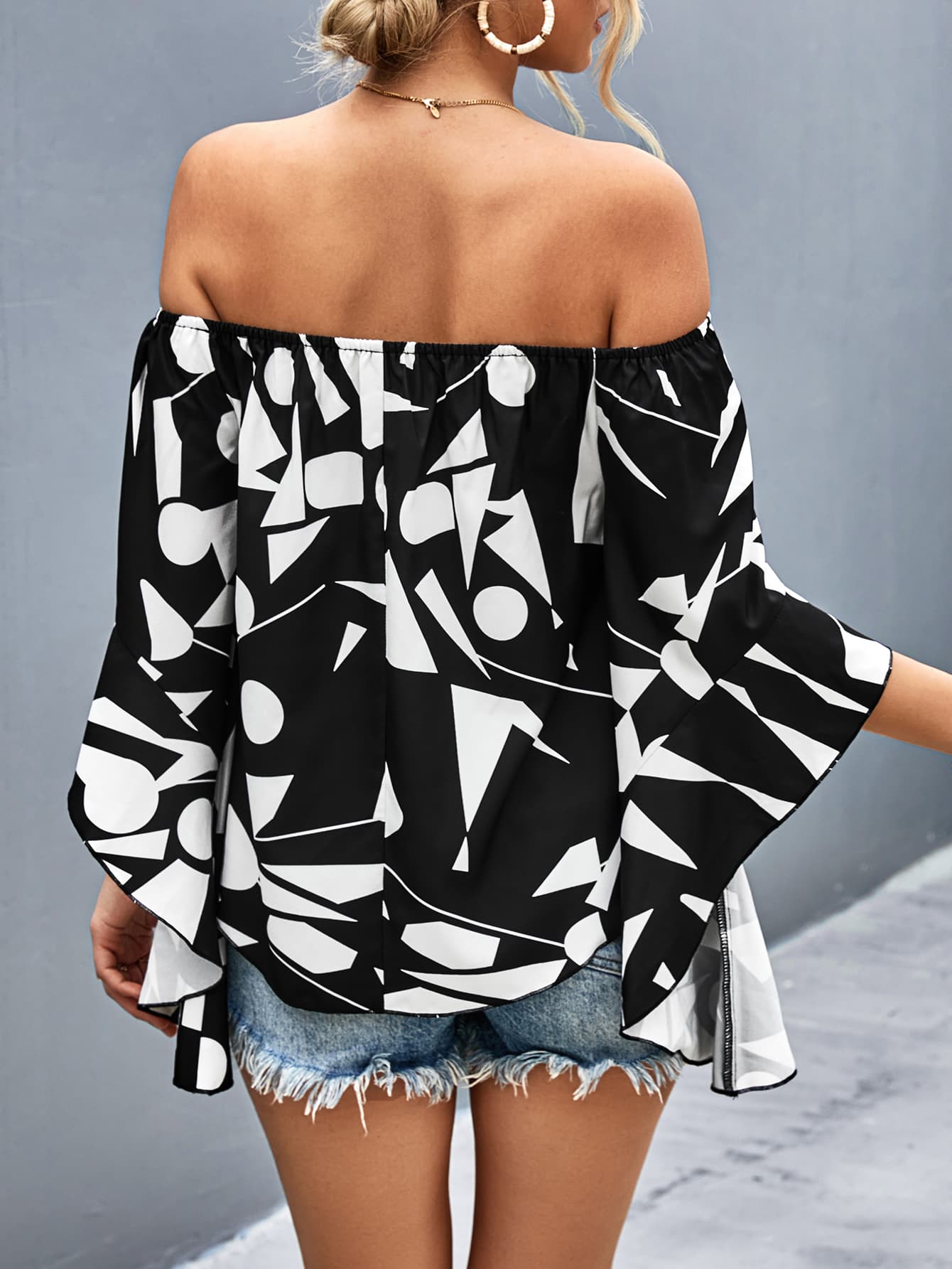 Printed Off-Shoulder Bell Sleeve Blouse - Fortunate Lemon Shop