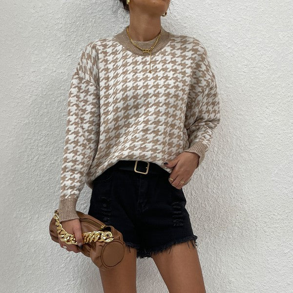 Khaki Houndstooth Sweater - Fortunate Lemon Shop