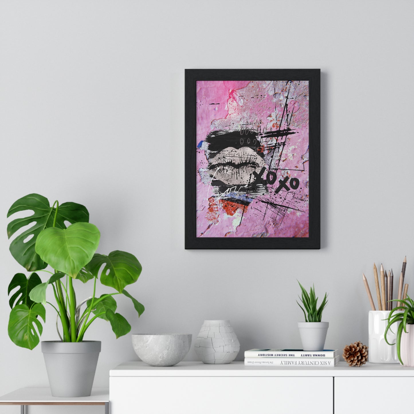 XOXO Lip Print Framed Poster — Pink Abstract Pop Art Wall Decor - Fortunate Lemon Shop