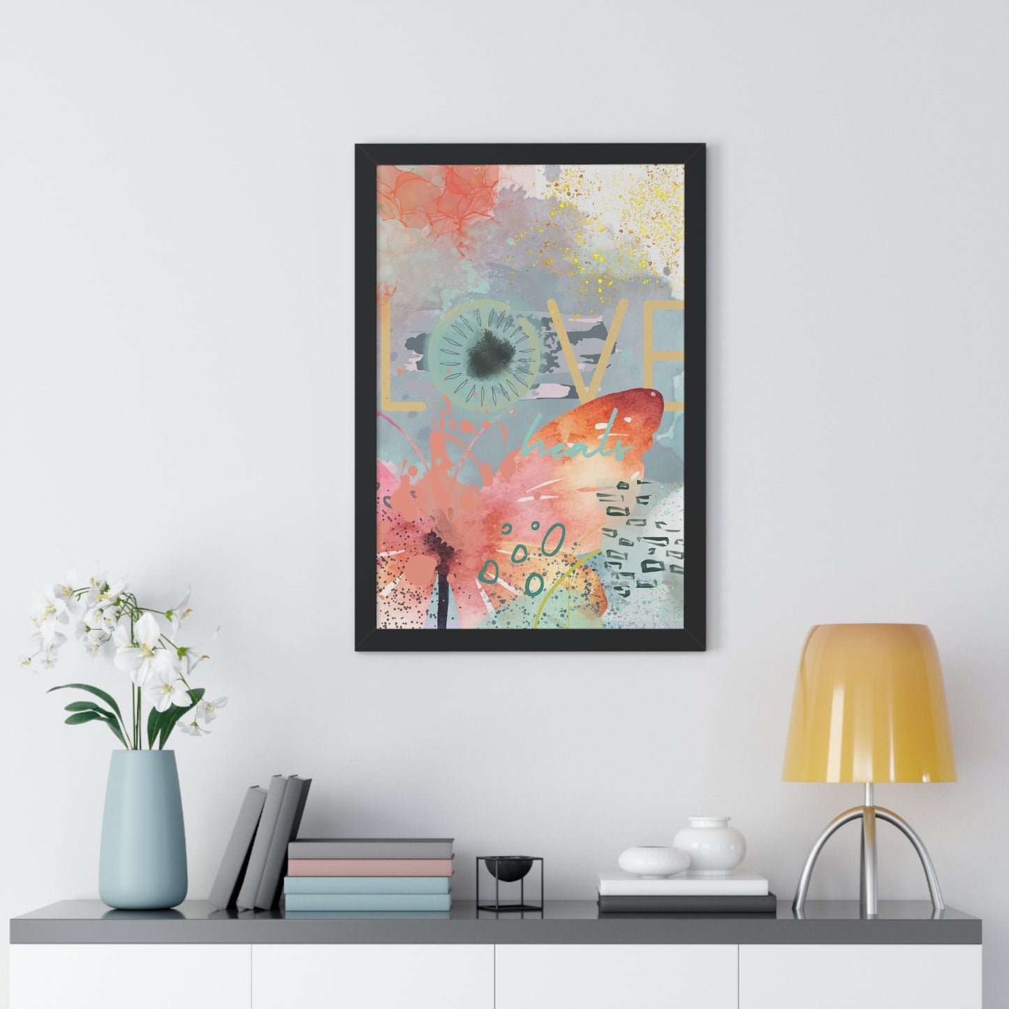 Framed Poster — 'Love Heals' Watercolor Floral Vertical Art Print