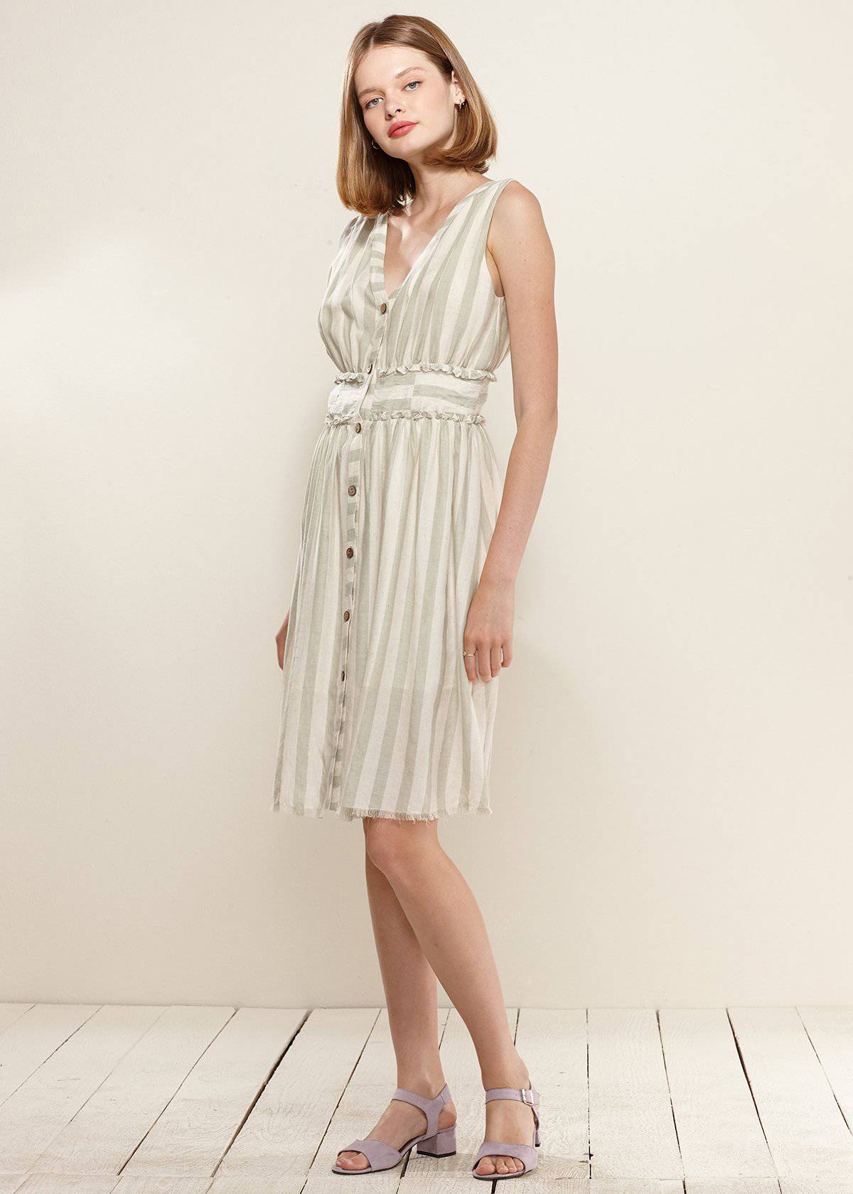 Sleeveless Button-Down Stripe Dress in Sage - Fortunate Lemon Shop