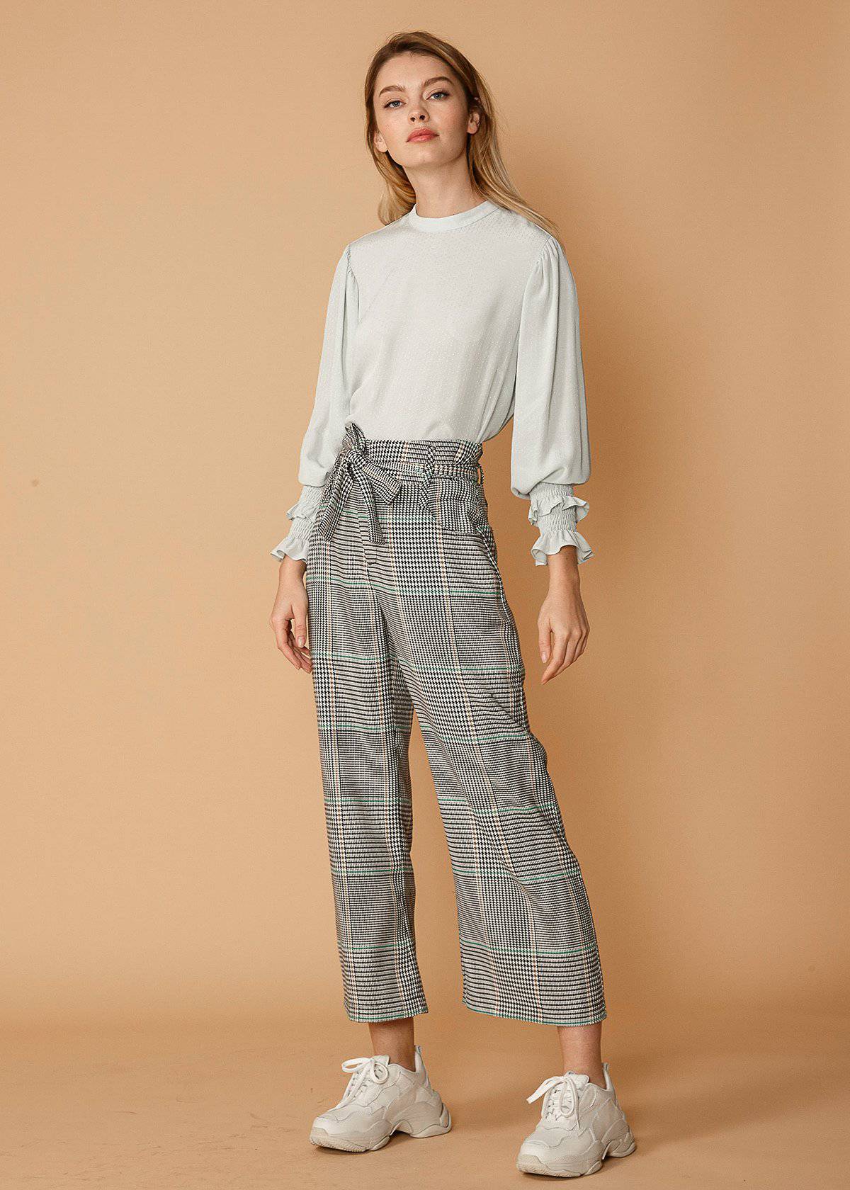 Tailored Plaid Tie‑Waist Cropped Pants - Fortunate Lemon Shop