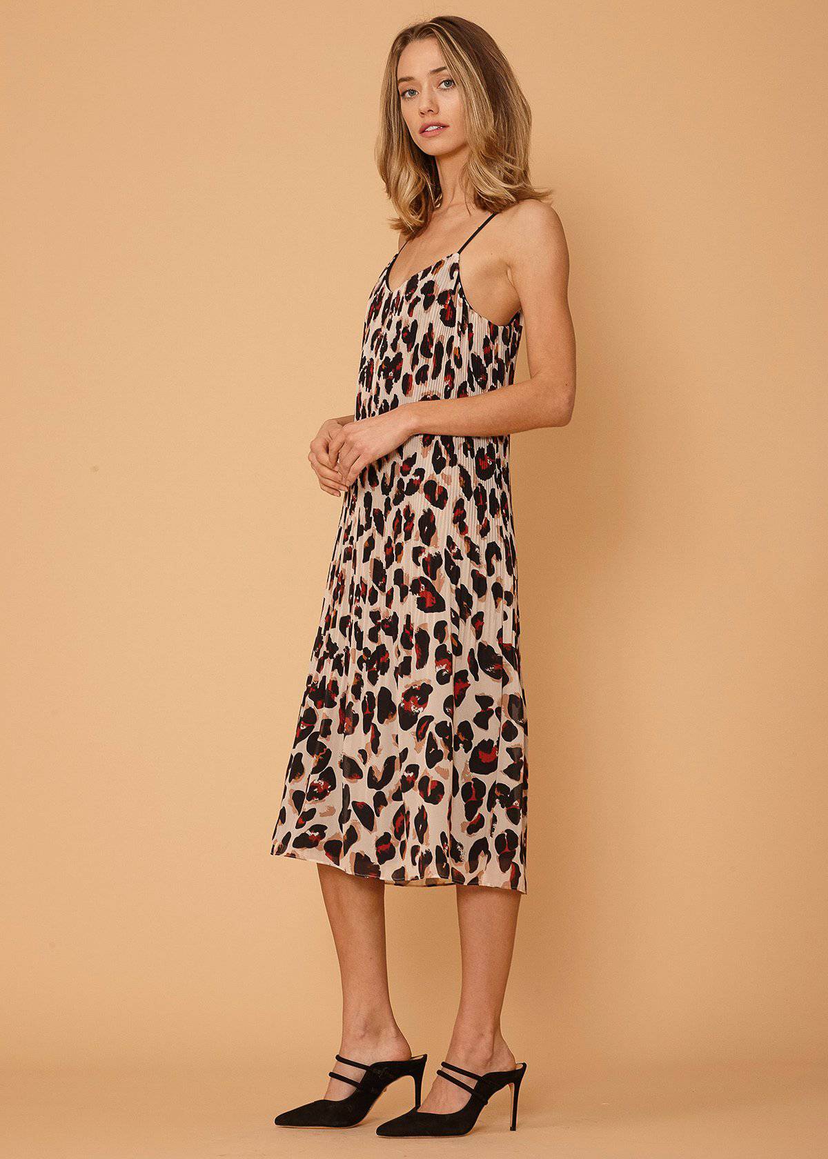 Leopard Sketch Pleated Cami Dress — Silky Chiffon Elegance