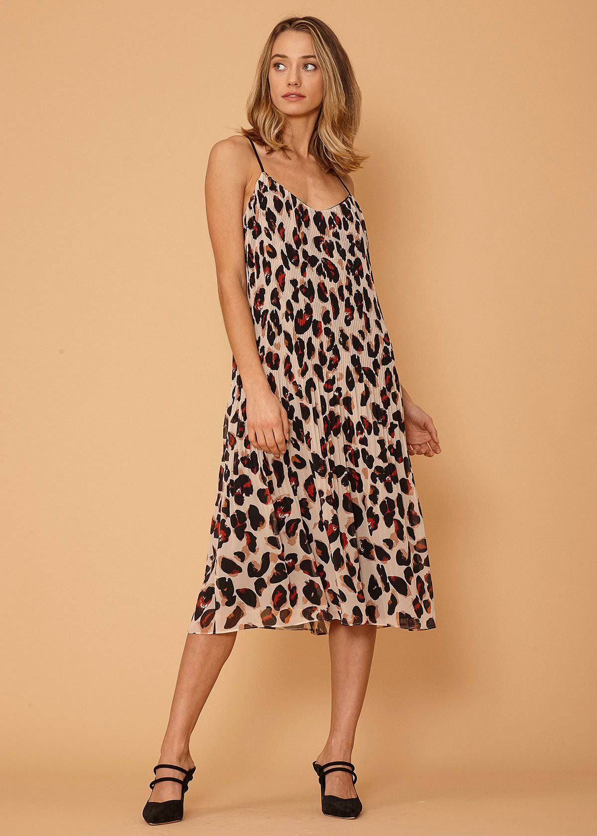 Leopard Sketch Pleated Cami Dress — Silky Chiffon Elegance - Fortunate Lemon Shop