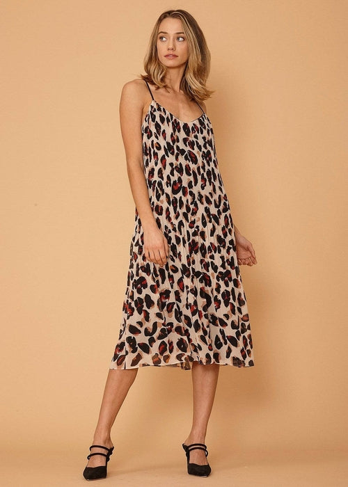 Leopard Sketch Pleated Cami Dress — Silky Chiffon Elegance - Fortunate Lemon Shop