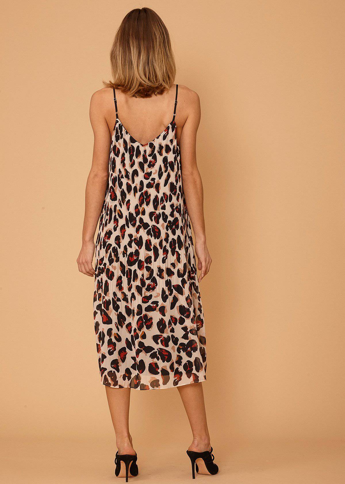 Leopard Sketch Pleated Cami Dress — Silky Chiffon Elegance - Fortunate Lemon Shop